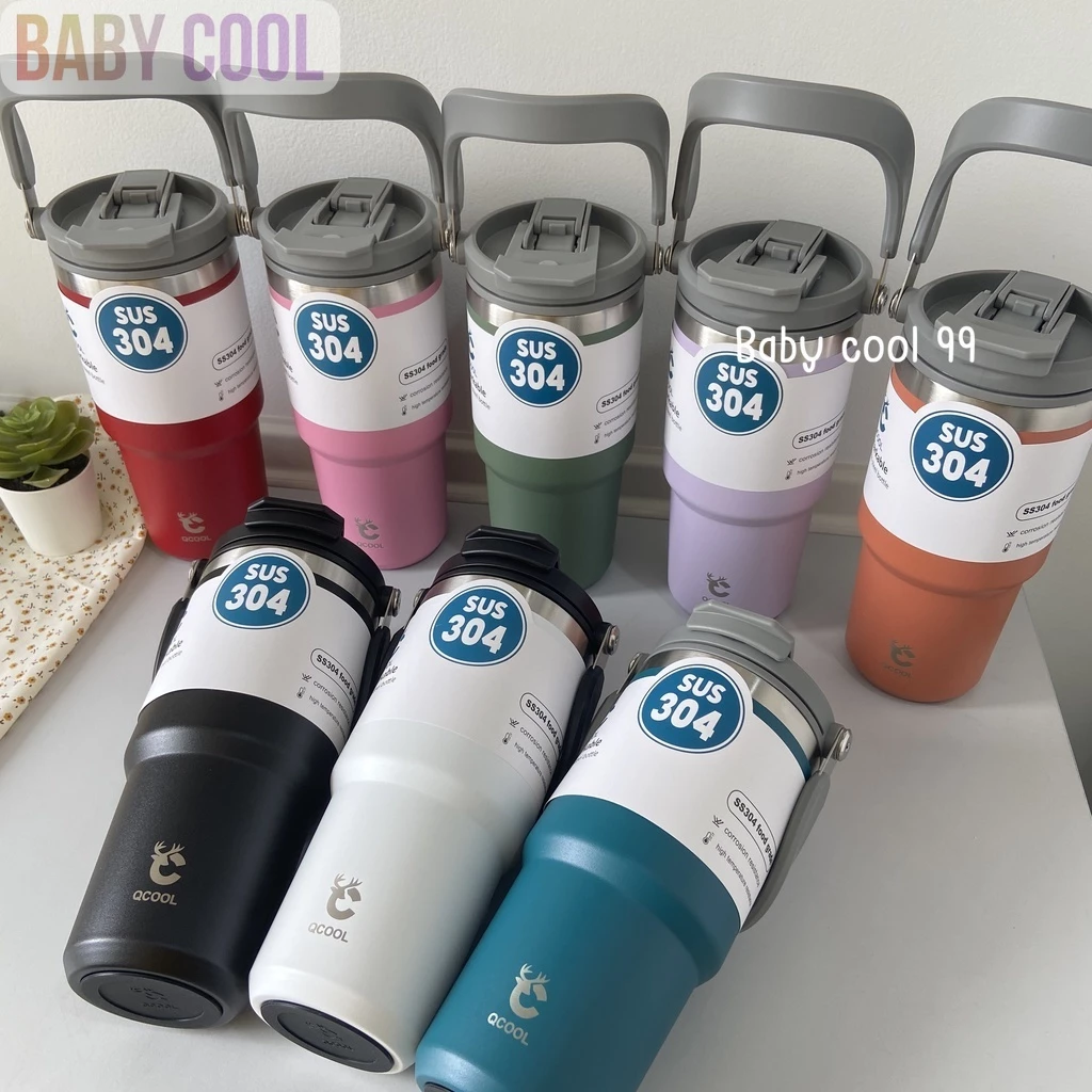 แก้วเก็บความเย็น QCOOL แบบใหม่มีที่จับ หูหิ้ว ใส่กาแฟ สแตนเลส304 750ml900ml1200ml